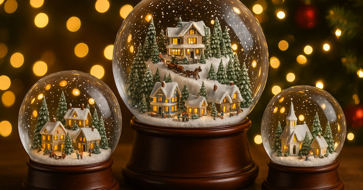 Trois boules à neige de Noël représentant des villages miniatures scintillants, entourées de lumières et de décorations hivernales