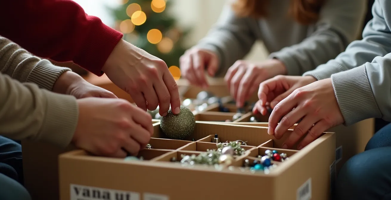 Mains d'une famille rangeant ensemble des décorations dans des boîtes organisées