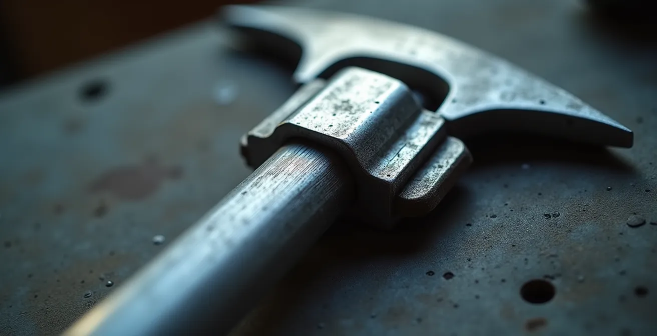 Détail macro d'une charnière en aluminium pliée montrant la texture du métal